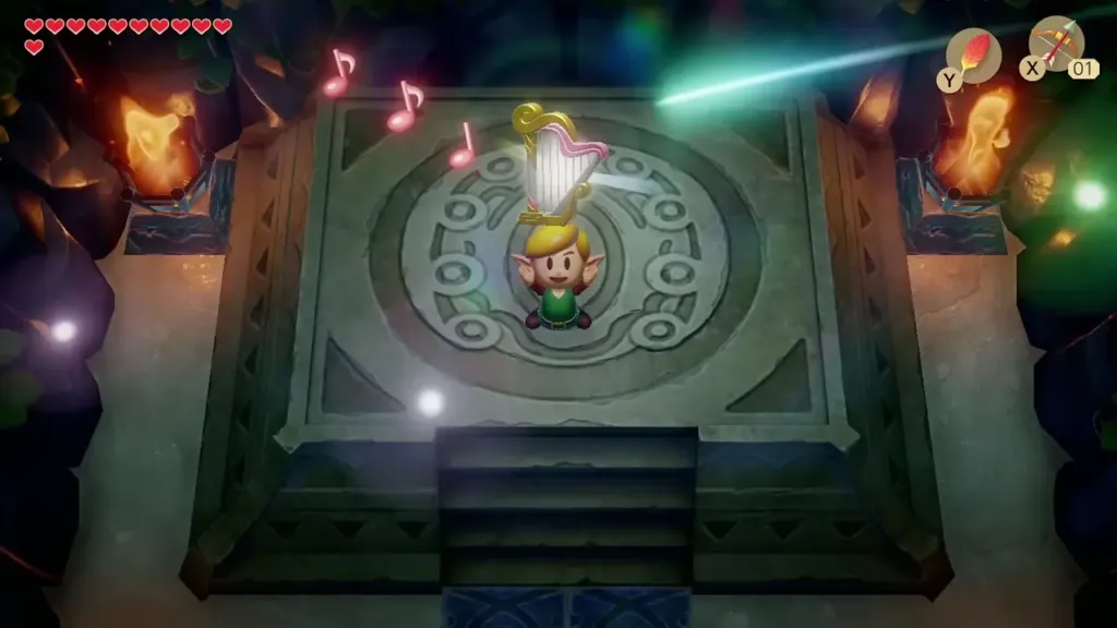 Link raising the Surf Harp as music notes and light fill the room Link raising the Surf Harp as music notes and light fill the room