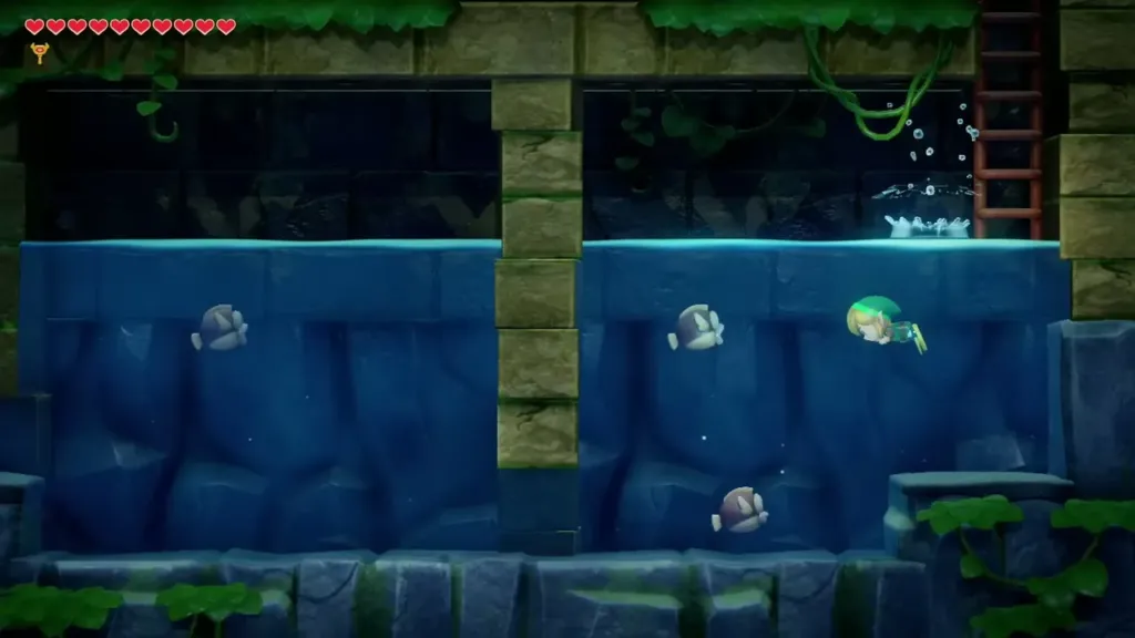 Link diving into the underwater corridor with fish swimming nearby Link diving into the underwater corridor with fish swimming nearby