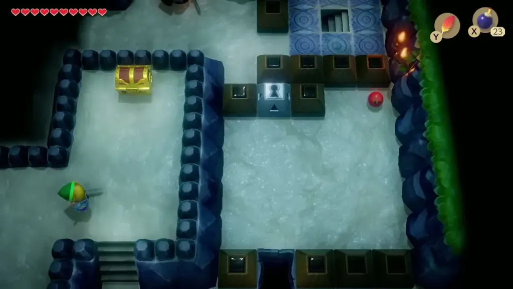 Chest on the upper level path beside locked blocks Chest on the upper level path beside locked blocks