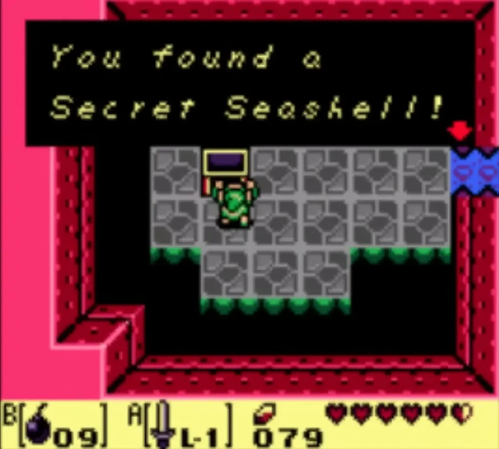 Link in the hidden room of Tail Cave with the You found a Secret Seashell!! message shown