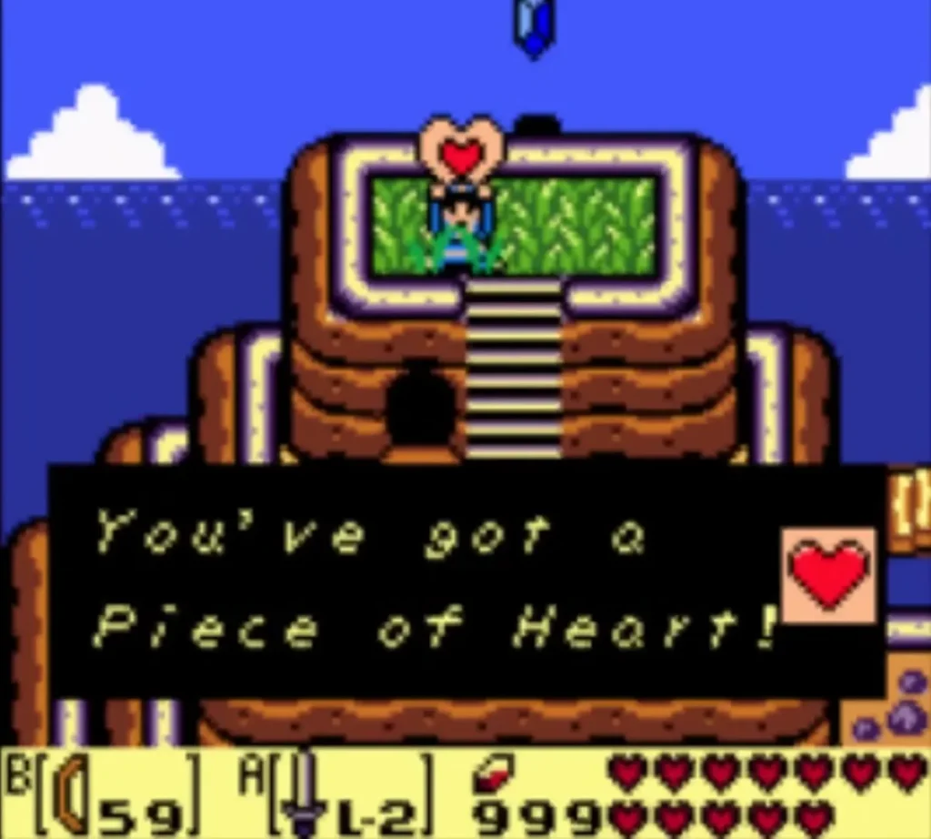 Link holds up a Piece of Heart on the grassy ledge atop Turtle Rock, with the You've got a Piece of Heart! message shown