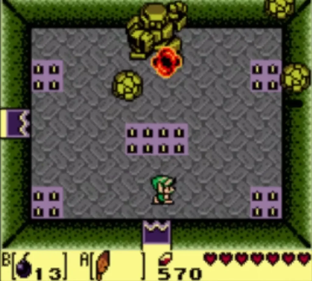 Link shoots an arrow up the grey arena toward the Stone Hinox