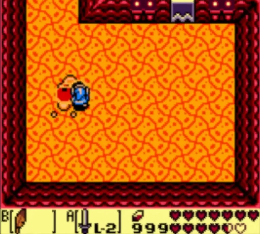 Blaino with red gloves beside Link in the lava arena