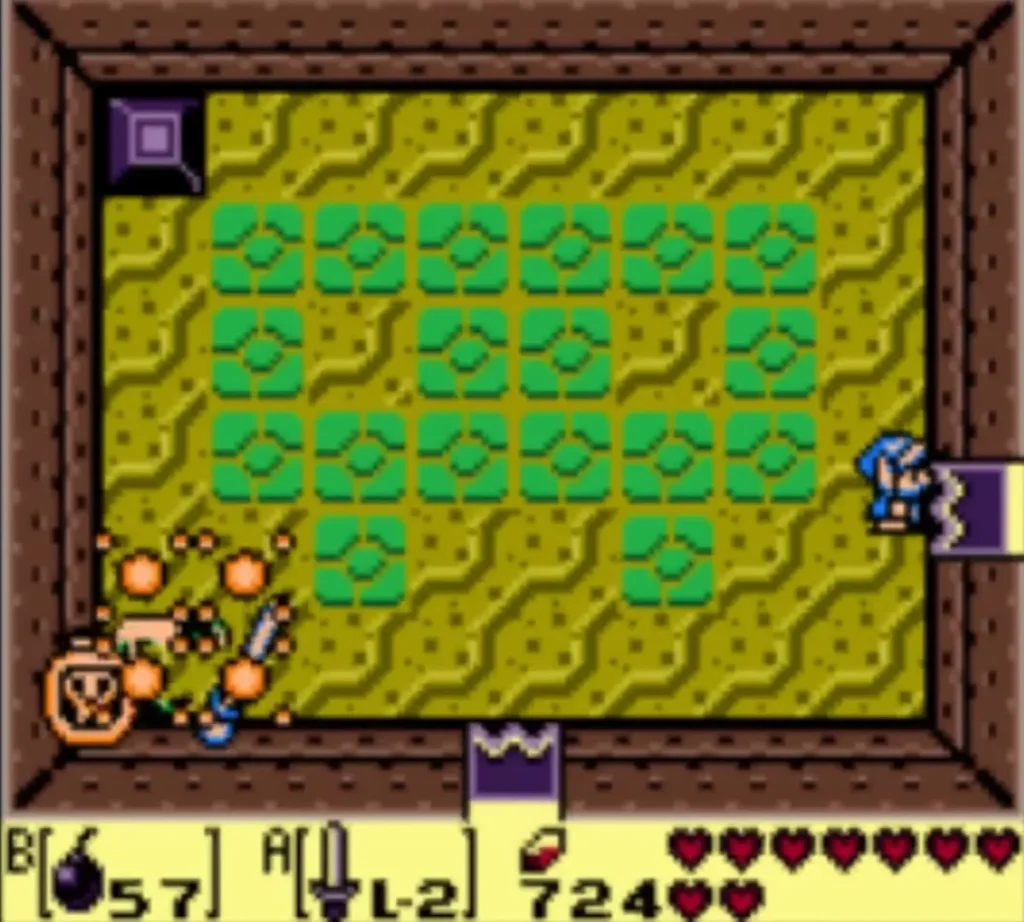 A bomb blast hits the Master Stalfos in the tiled room as Link stands by