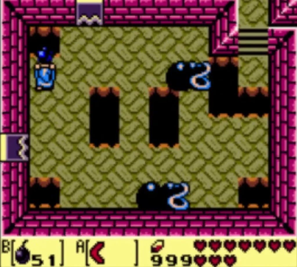 Two Dodongo Snakes slither across a dark-pitted room toward Link