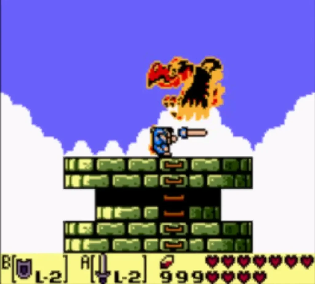 Evil Eagle wreathed in flame above the tower as Link readies a sword swing