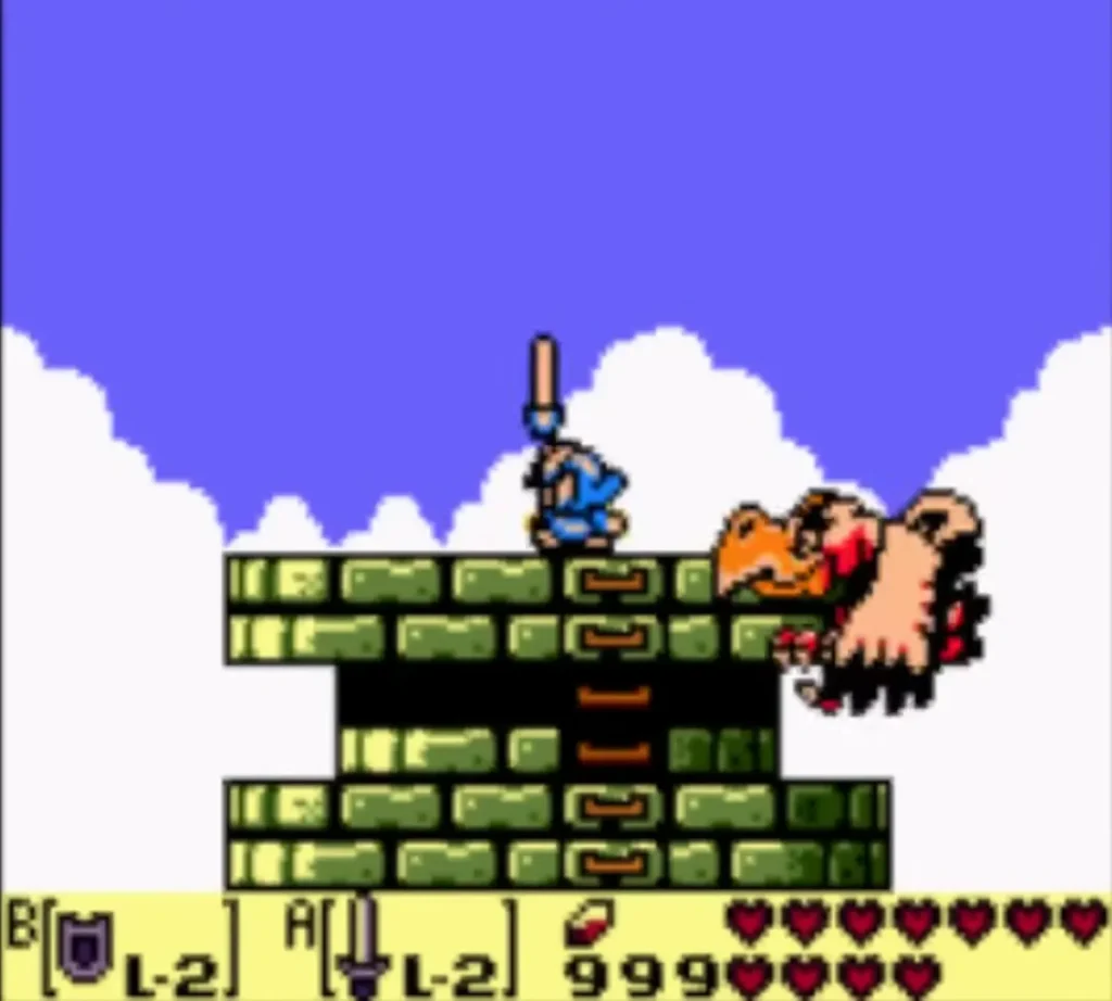 Link on the tower roof with his Sword raised as the Evil Eagle lands at the side