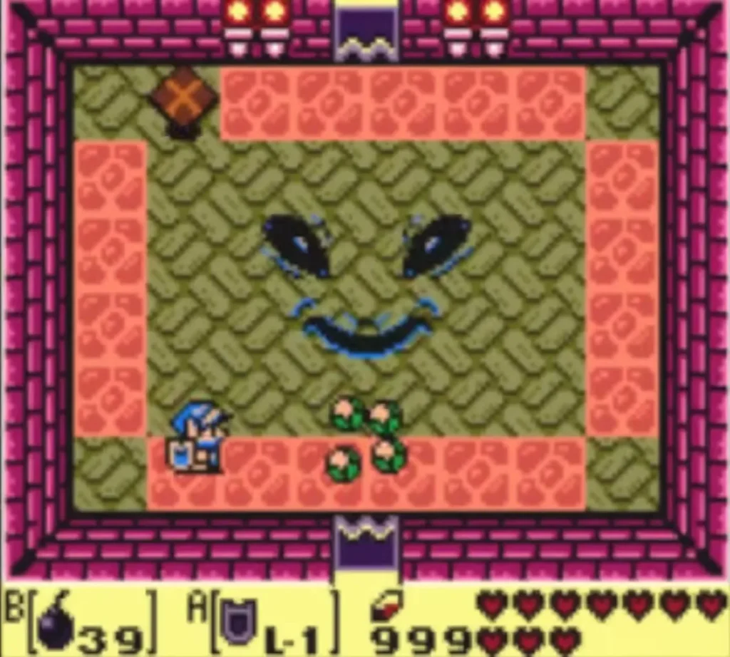 Facade face on the floor of its room with flying tiles and pots around Link