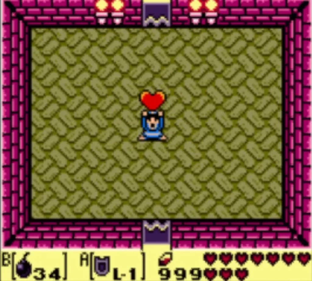 Link holds a Heart Container overhead in the room after the Facade falls