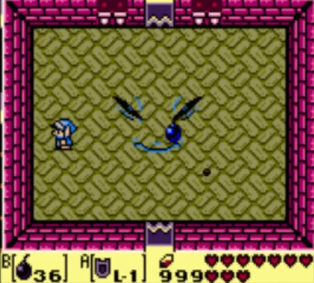 Dark Facade face on the floor of its room, Link at the left and a bomb lying nearby