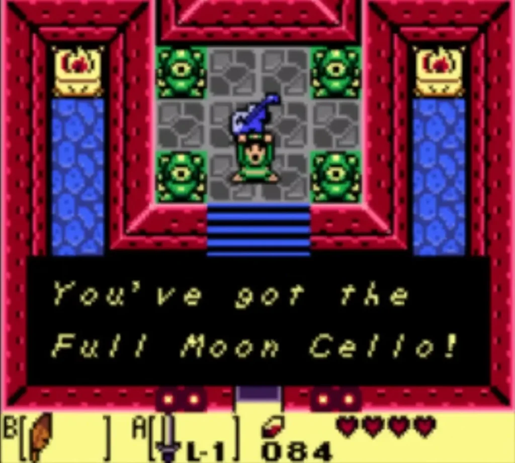 Link holds the Full Moon Cello with the You've got the Full Moon Cello message fully shown