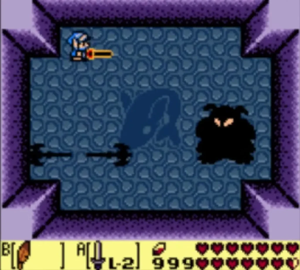 Black trident flying across the arena from the Ganon shadow at right while Link swings his Sword from the top-left