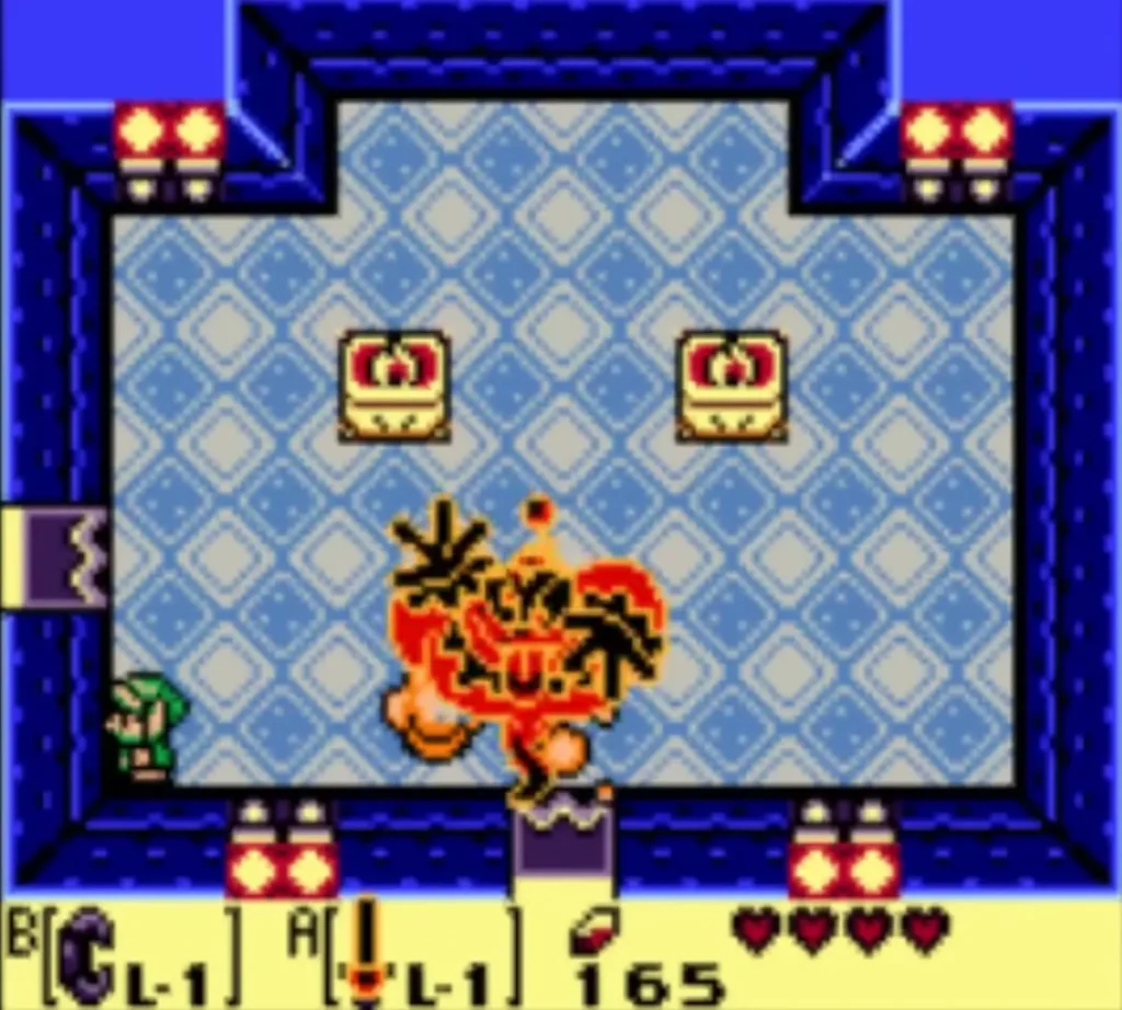Genie wrapped in orange fire near the south door of the bottle room, Link at the west wall