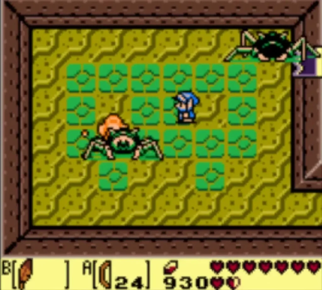 A Gohma with an orange fireball beside it while Link stands across the room