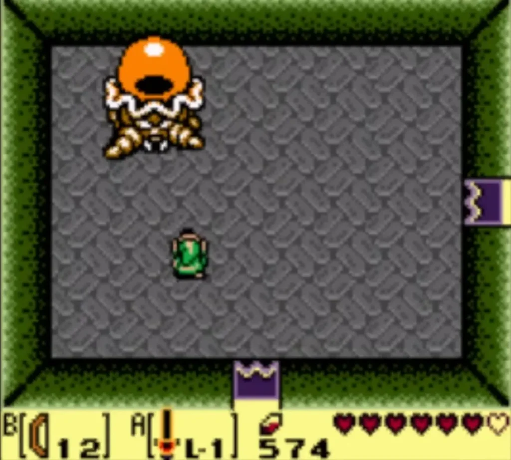 The Hardhit Beetle has turned orange at the top of the room with Link below