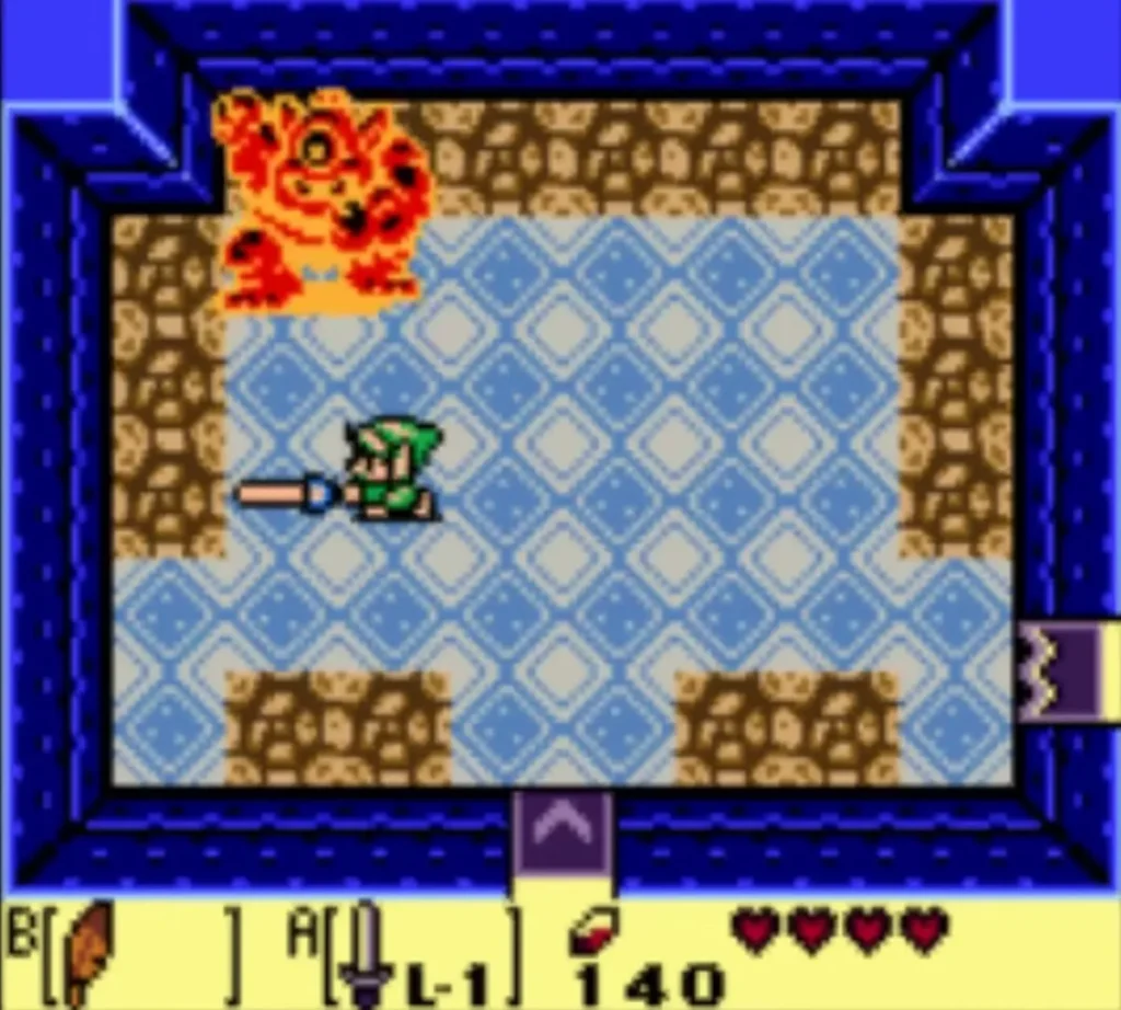 Orange Hinox at the top left of the blue-tiled room as Link stands below with his Sword