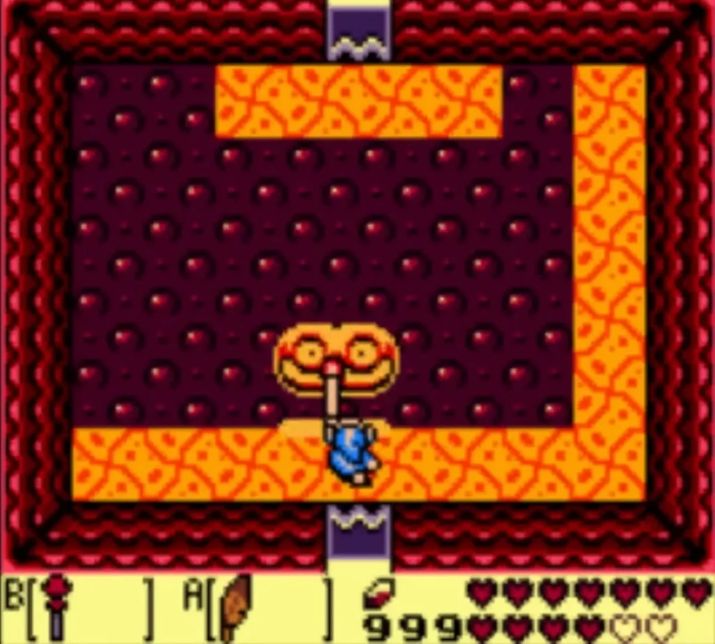 Link firing the Magic Rod at Hot Head in the lava arena