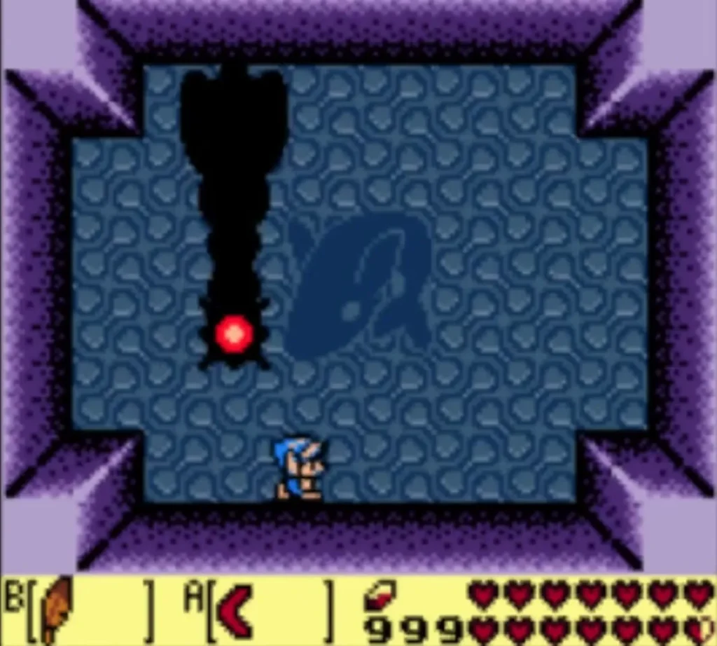 Black shadow worm with a green-rimmed eye charges across the arena while Link stands at the top