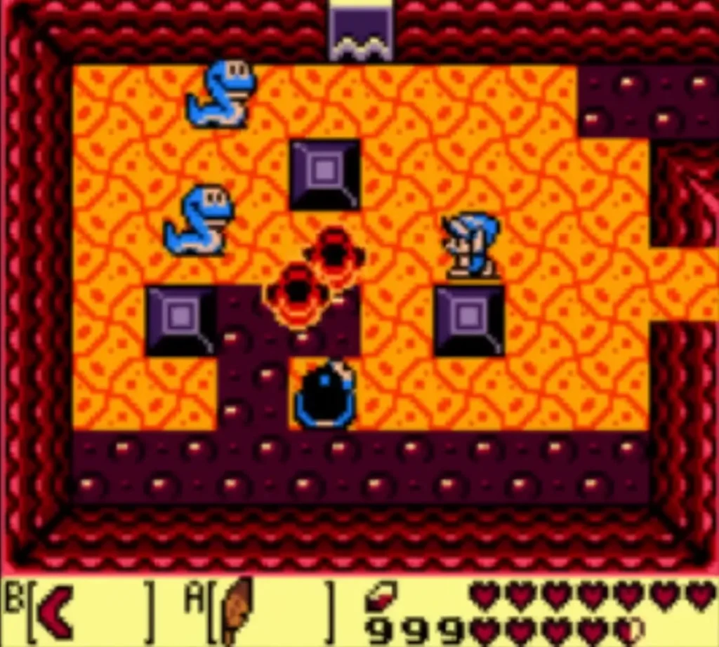 Link faces the red Vire near the entrance of the lava room
