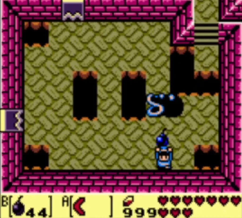 Link holds a bomb overhead with a Dodongo Snake ahead of him