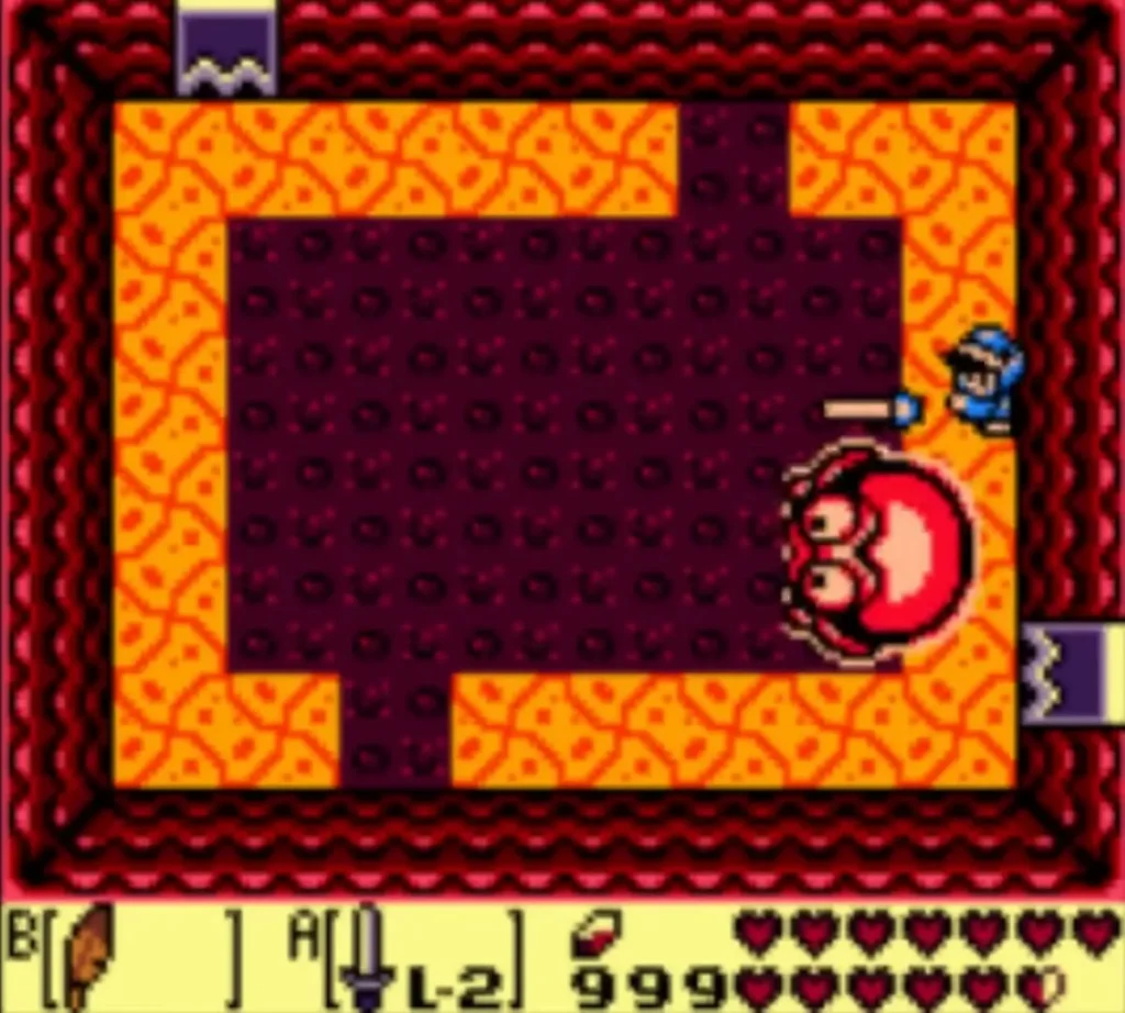 Link slashes at the red Cue Ball in the dark pit room