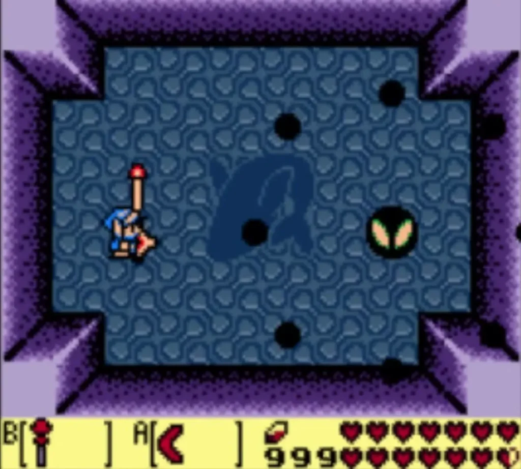 Link raising the Magic Rod in the arena while dark holes open across the floor