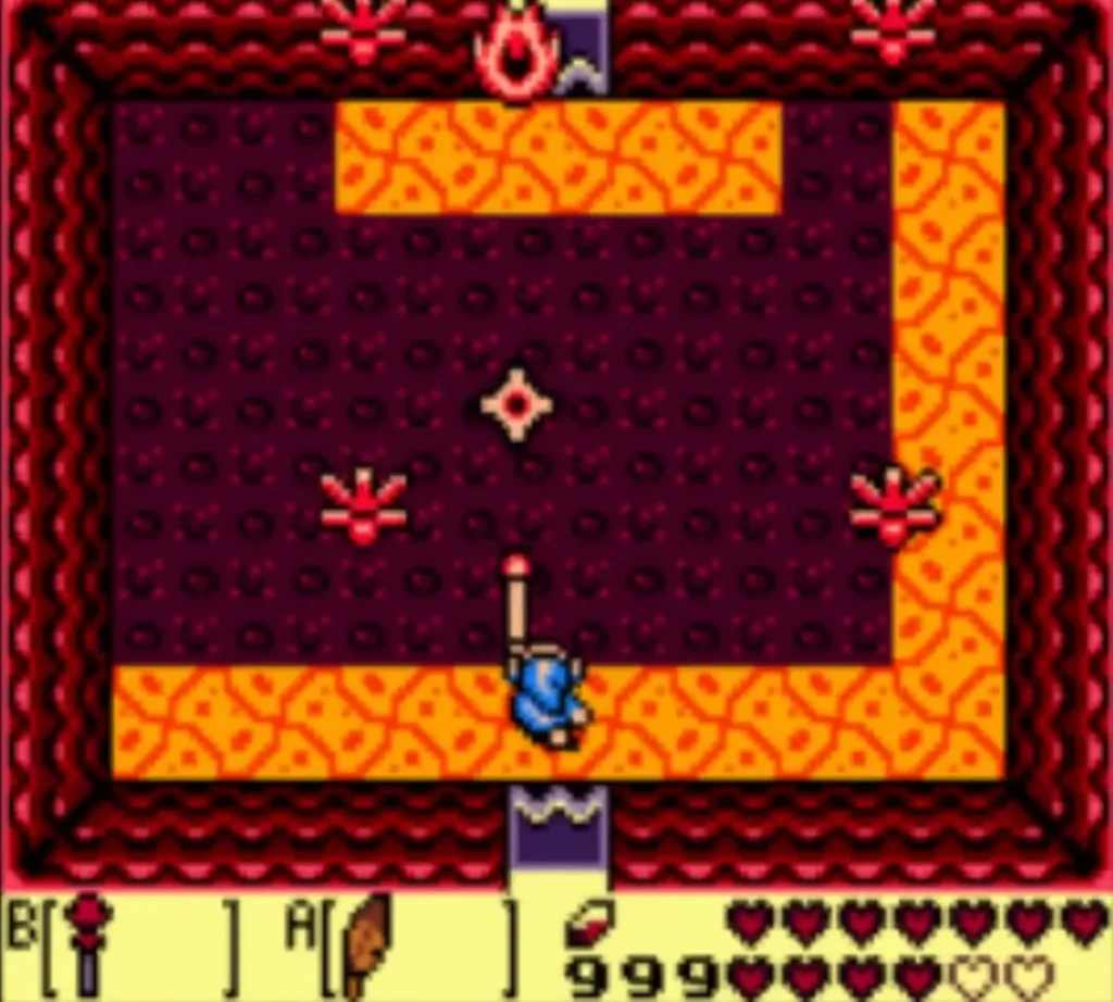 Link with the Magic Rod raised as red sparks burst across the lava arena