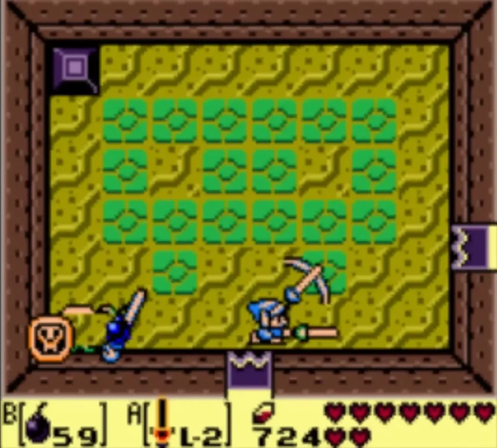 Master Stalfos with its skull shield fights Link in the green-tiled room