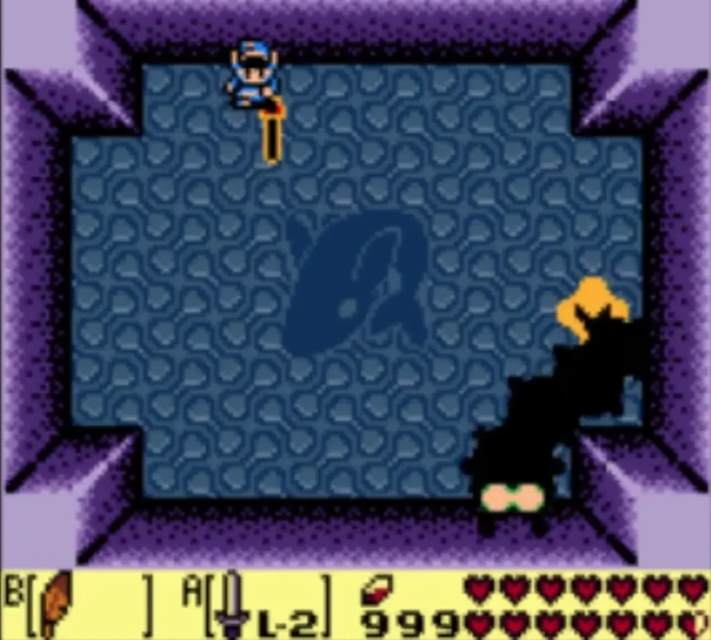 Moldorm shadow tail sweeping across the arena beside Link with his Sword