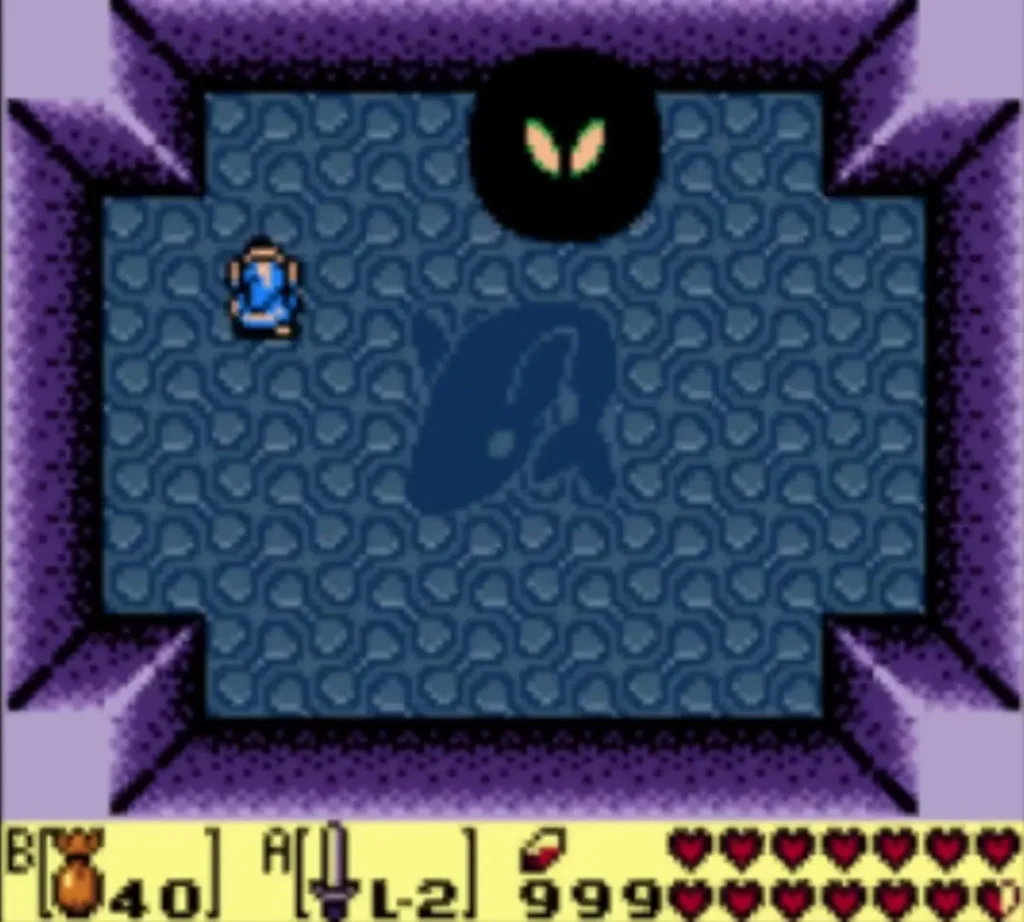 Glowing eyes of the Nightmare rising out of a black shadow at the top of the arena