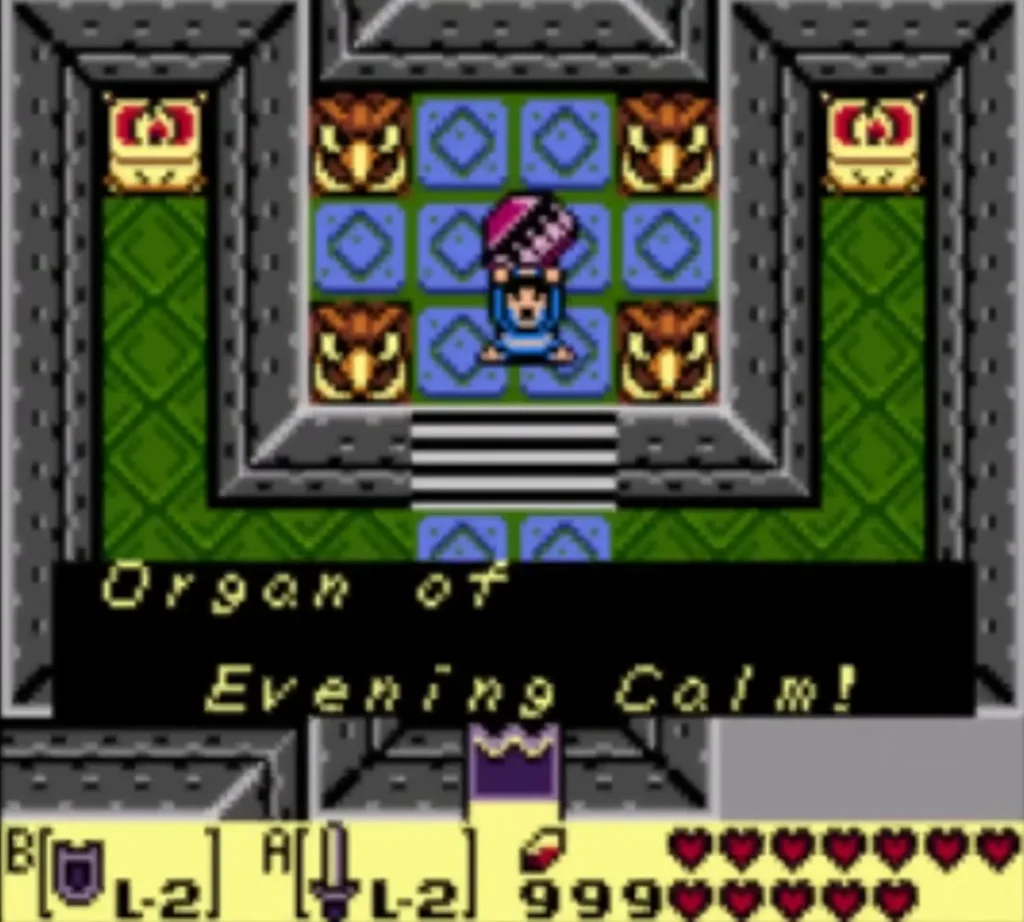 Link holds the Organ of Evening Calm with its second message page fully shown in the organ room
