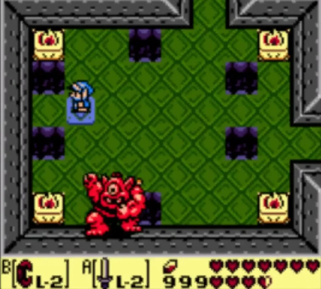 The red Hinox charges across the room of holes while Link keeps clear