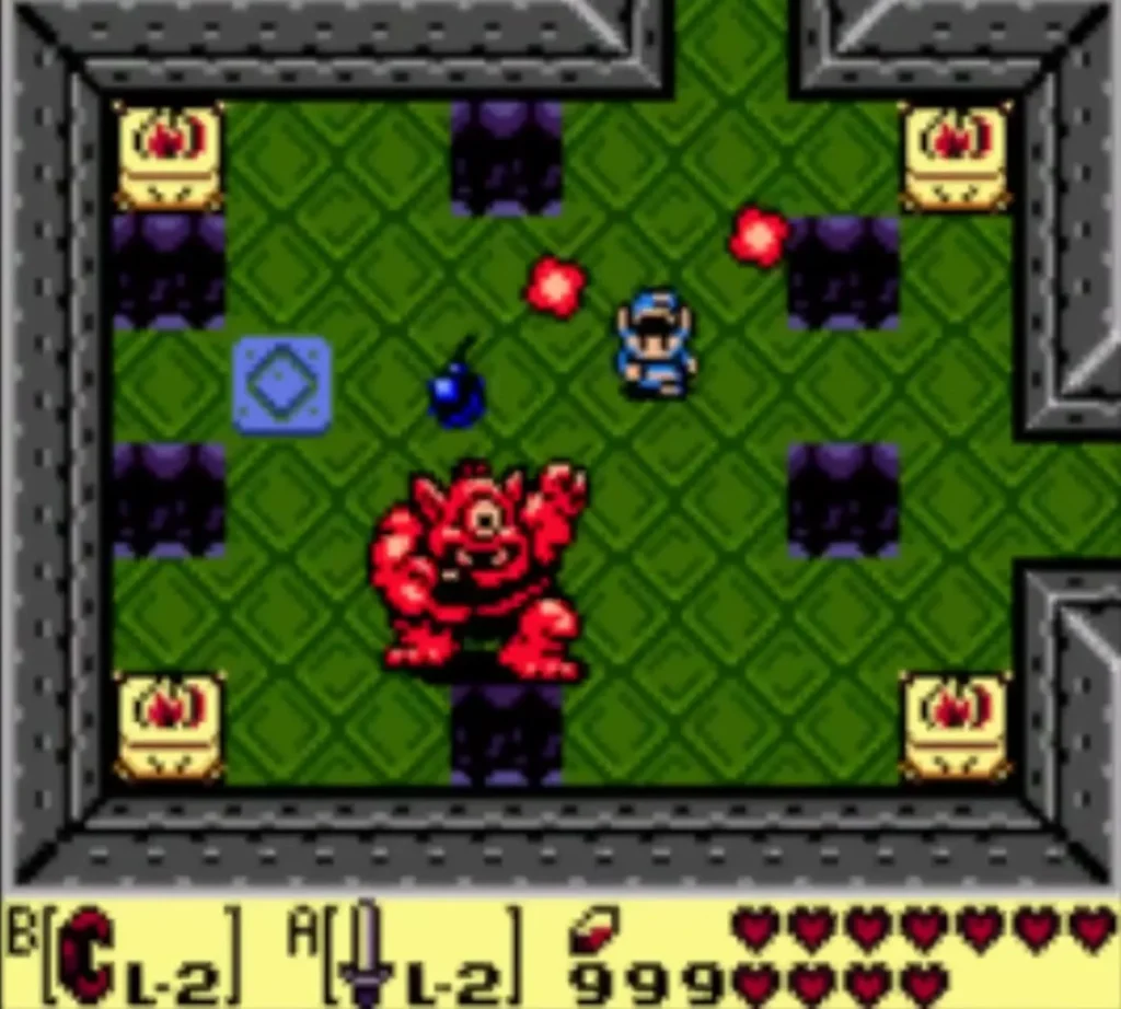 Big red Hinox in a room with dark holes in the floor, with Link at the top right