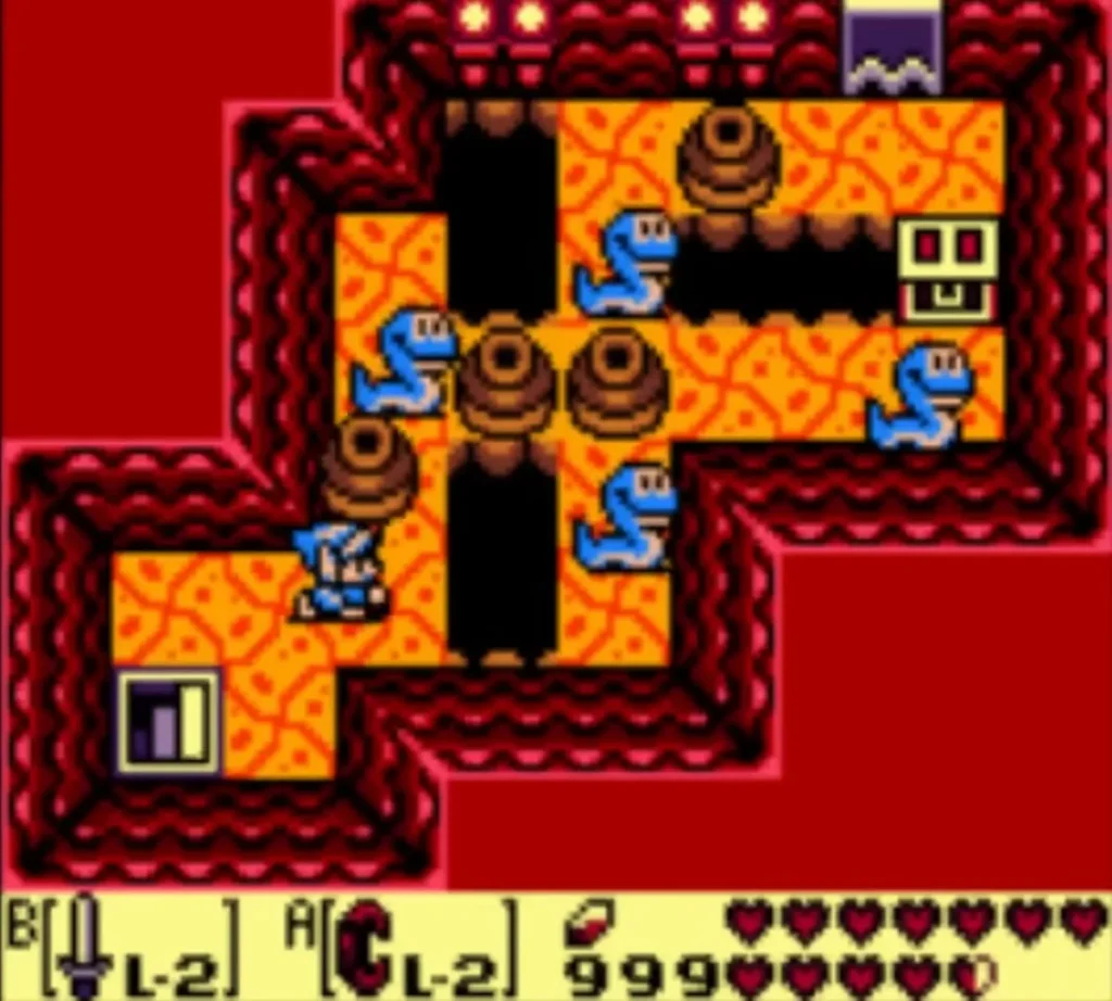 Blue Ropes slither among the barrels of a lava room as Link raises his Sword