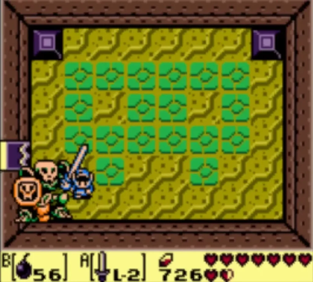 Link slashes the second Master Stalfos in the same green-tiled room