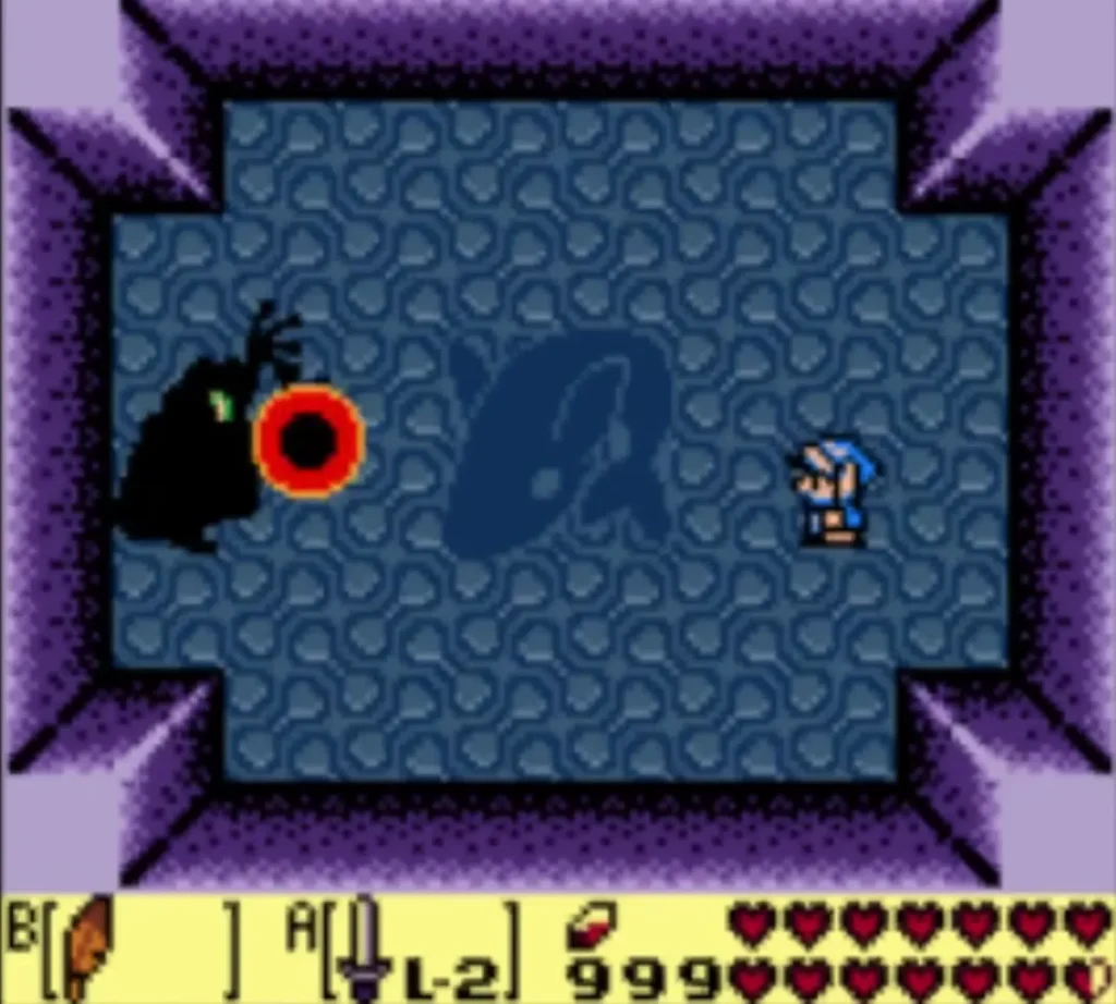 Dark wizard shadow at the left firing a red ring-shaped energy ball across the arena, Link at right