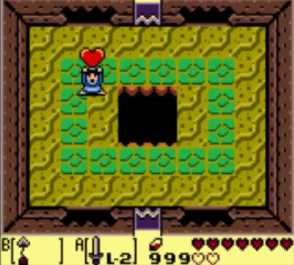 Link holds a Heart Container overhead in the Slime Eel room after the fight