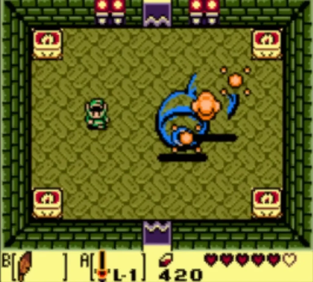 Blue Slime Eye with orange sparks in the olive-floored room, Link standing to its right