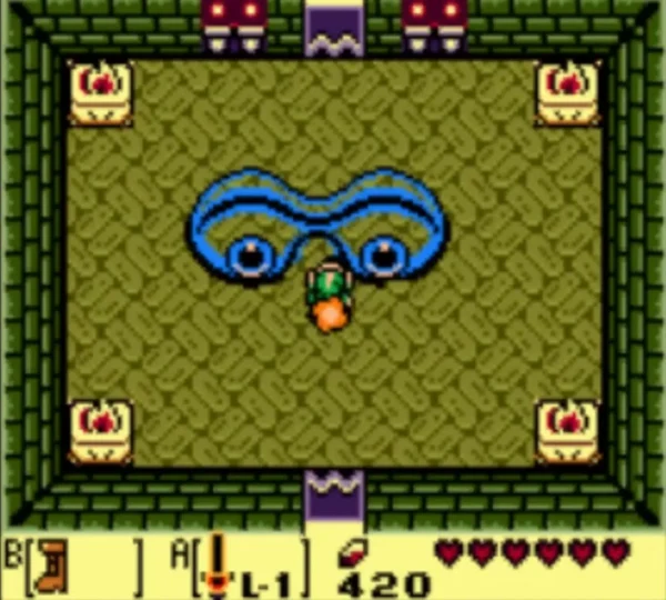 Slime Eye stretched across the olive boss room with Link standing beneath it