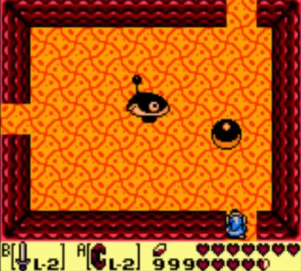 Smasher and his iron ball sit in the lava arena as Link comes in from below
