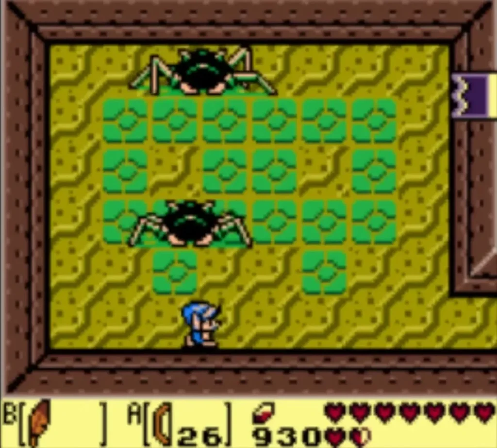 Two Gohma spiders fill the green-tiled room while Link stands at the bottom