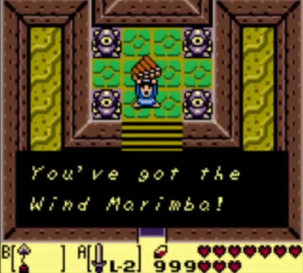 Link holding up the Wind Marimba with its complete message box after the Slime Eel