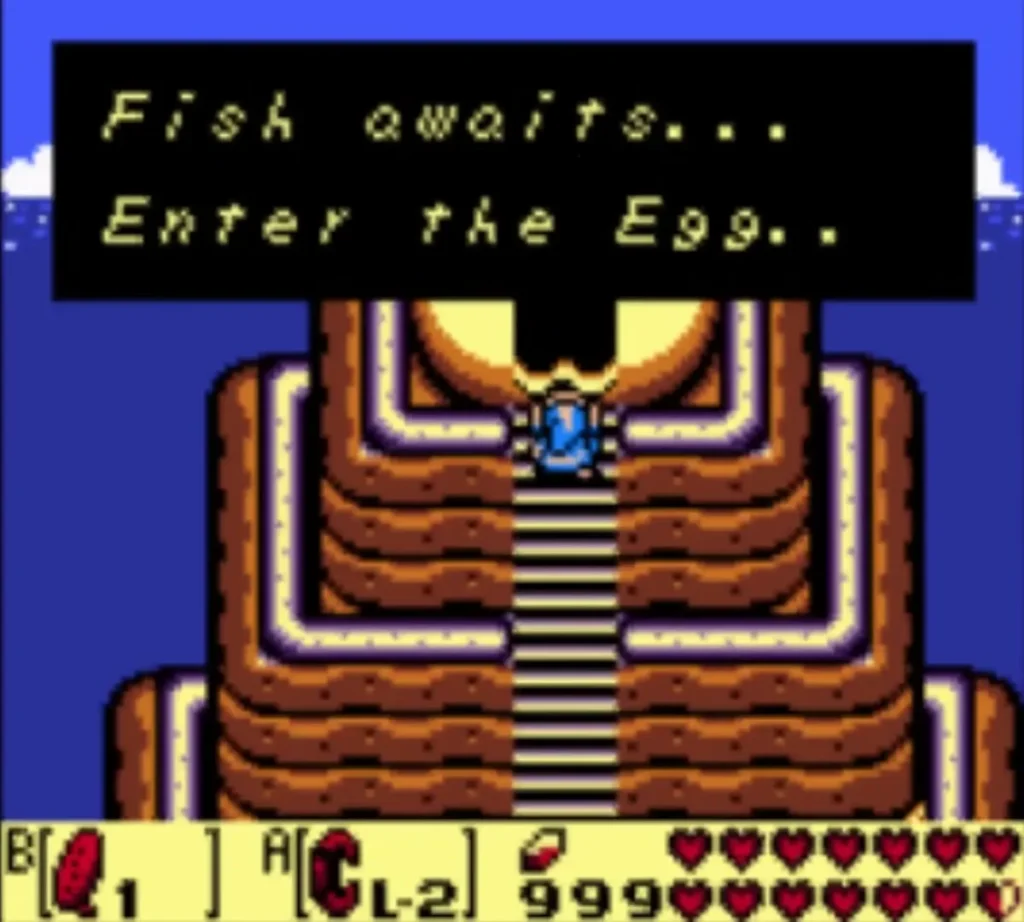 Link at the foot of the stairs to the Egg with the message to enter it Link at the foot of the stairs to the Egg with the message to enter it