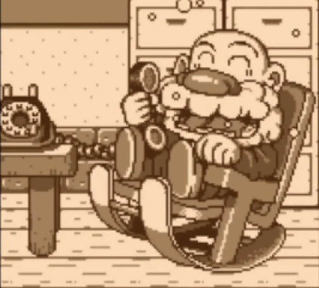 Grandpa Ulrira in his rocking chair holding the telephone, drawn in Game Boy sepia Grandpa Ulrira in his rocking chair holding the telephone, drawn in Game Boy sepia