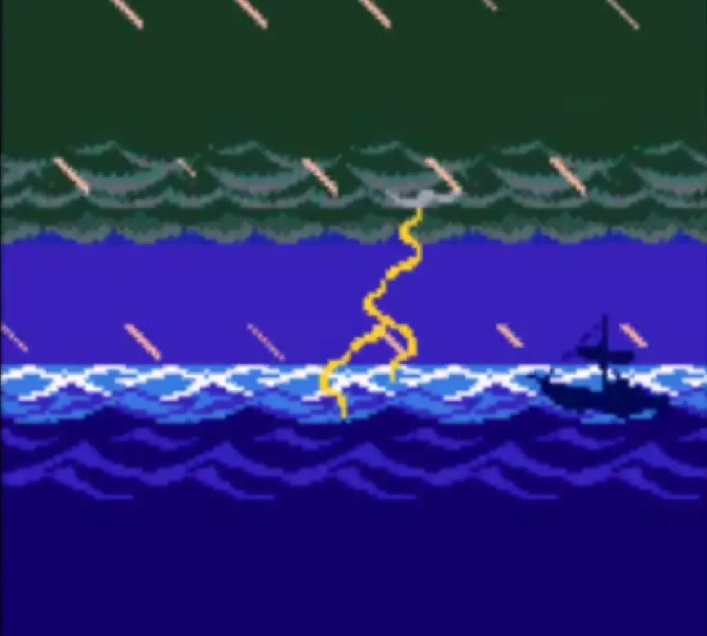 Lightning striking the sea beside a small ship during a storm Lightning striking the sea beside a small ship during a storm