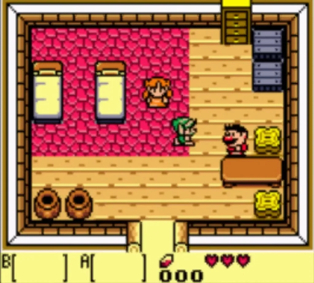 Link standing in the house with Marin beside the beds Link standing in the house with Marin beside the beds