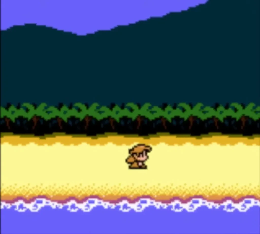 Link on the sand of Koholint’s shore below a dark mountain after the storm Link on the sand of Koholint’s shore below a dark mountain after the storm