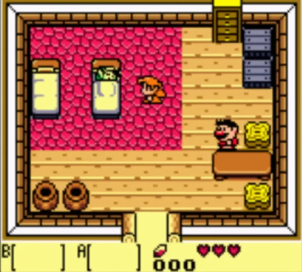 Marin standing by the beds in her house with a man at the counter Marin standing by the beds in her house with a man at the counter