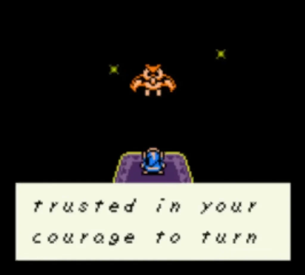 The Owl hovering over Link on top of the Wind Fish's Egg, saying "trusted in your courage to turn" The Owl hovering over Link on top of the Wind Fish's Egg, saying "trusted in your courage to turn"