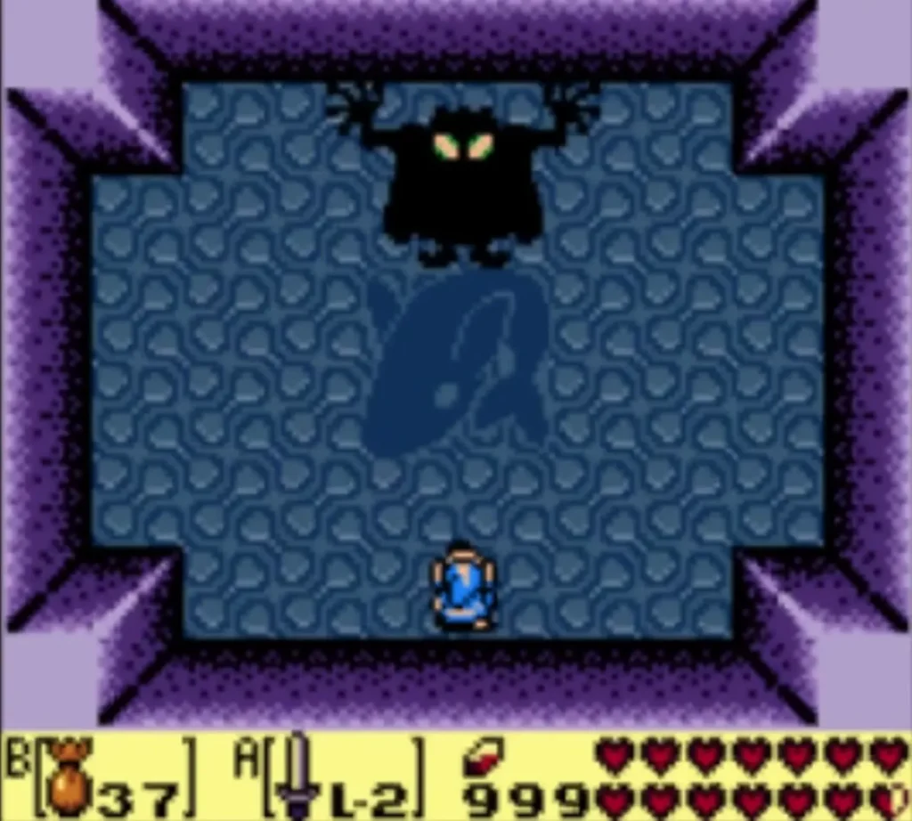 The Shadow Nightmare looming above Link in the blue-tiled arena of the Wind Fish Egg The Shadow Nightmare looming above Link in the blue-tiled arena of the Wind Fish Egg